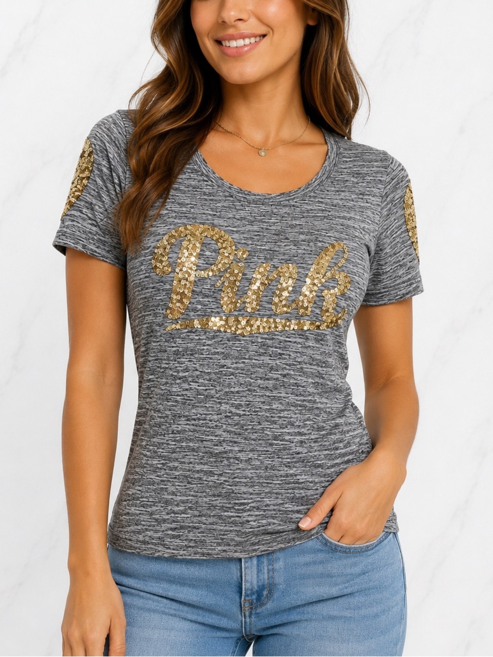 PINK Victoria’s Secret Gold Sequin Logo Tee Heathered Gray Marled Shirt | S⁠mall